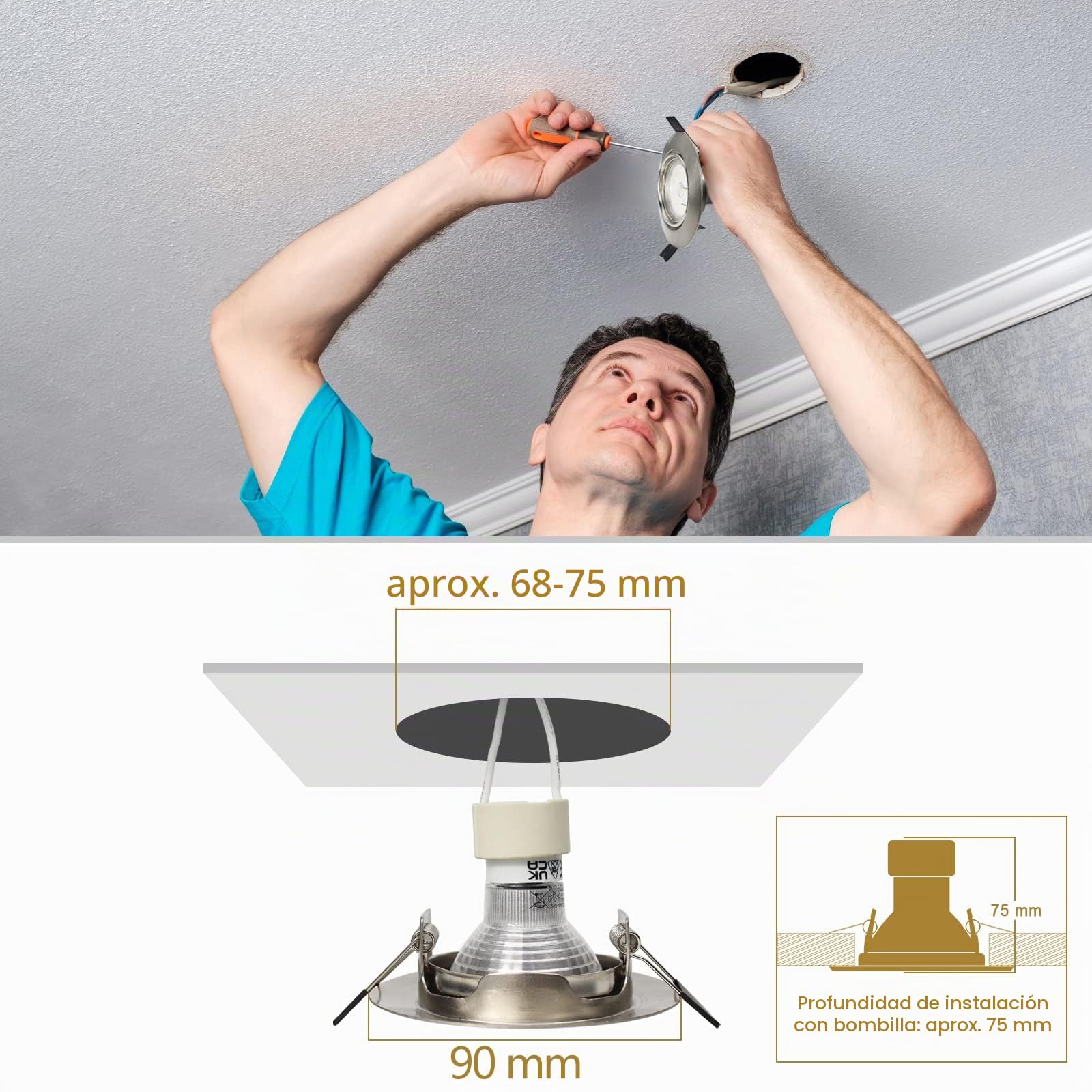 Marco Foco Empotrable GU10,20 pack marco de montaje en acero inoxidable cepillado 230V, luminaria empotrada con diámetro de agujero de 68 mm, incluye casquillo GU10 orientable, diseño redondo