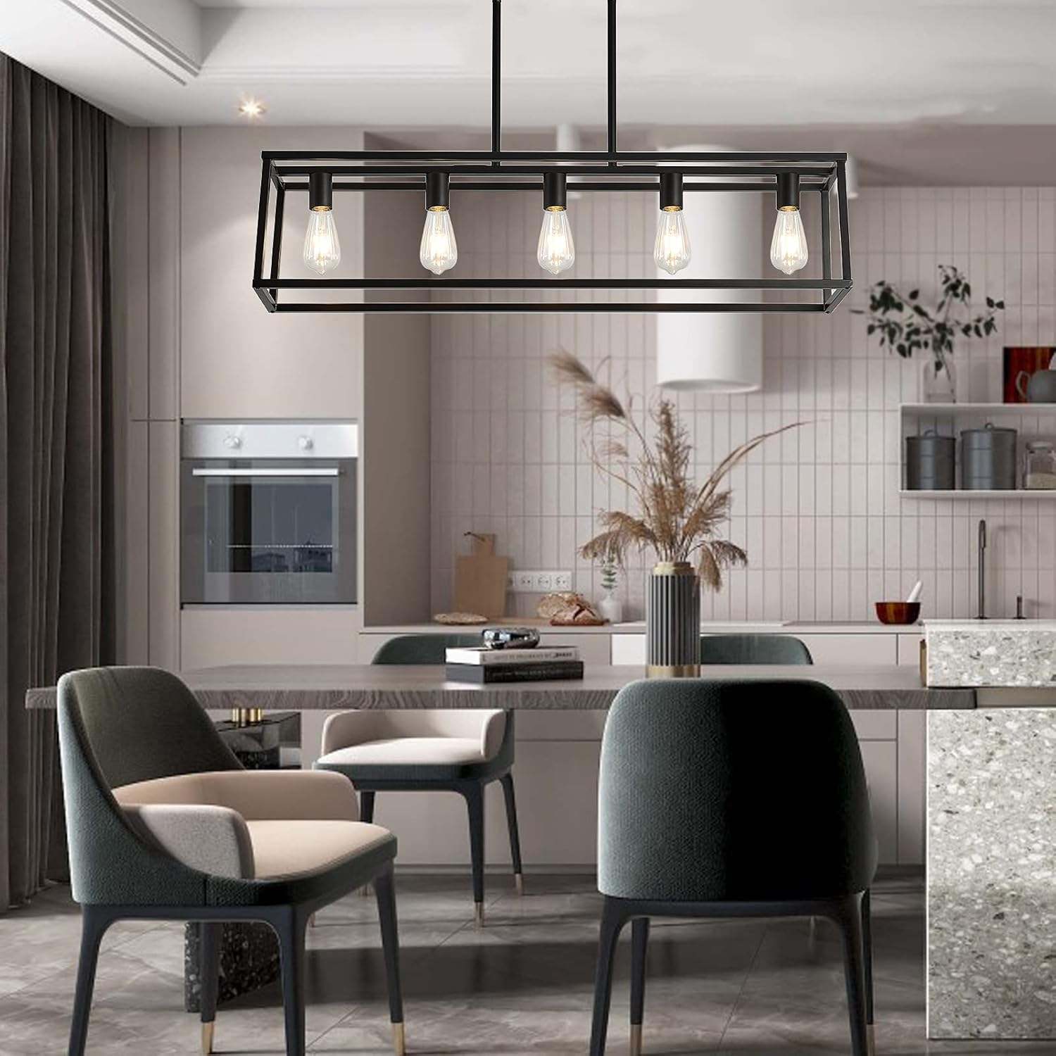 XILICON Kitchen Island Lighting Farmhouse Chandeliers Black 5 Light Modern Dining Room Lighting Fixtures Hanging, Kitchen Island Cage Linear Pendant Lights Ceiling Light
