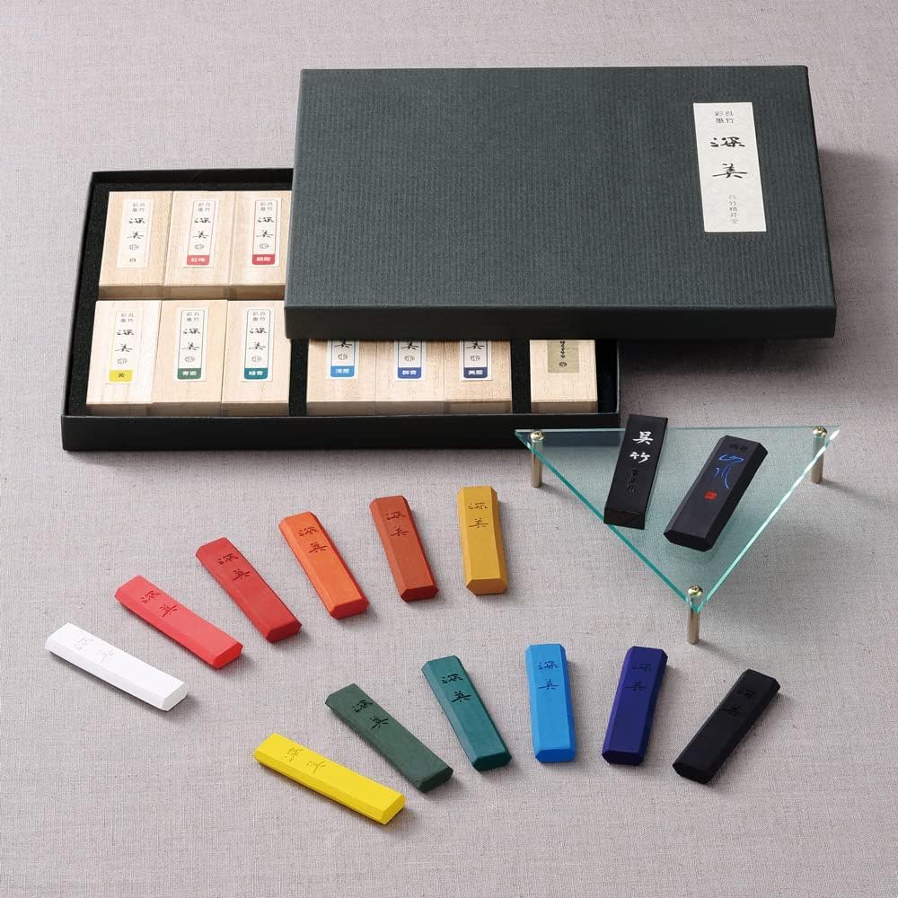 Kuretake SAIBOKU SHIMBI 12 Colors and 2 Black Sumi Ink Stick Set, Japanese Traditional Calligraphy, Shodo, for Drawing, Professional, Made in Japan