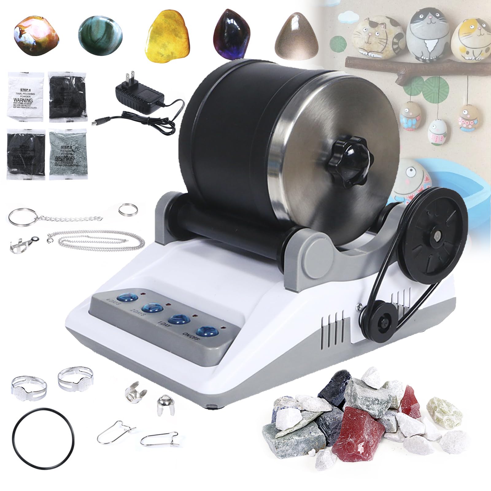 Kit de Vaso de Roca Eléctrico, Vaso de Roca Profesional con 2 Cinturones, Bolsa de Piedras Ásperas, 4 Molienda Gruesa, Molienda Fina, Pulido y Temporizador de Pulido de 7 Días para Pulidor de Roca
