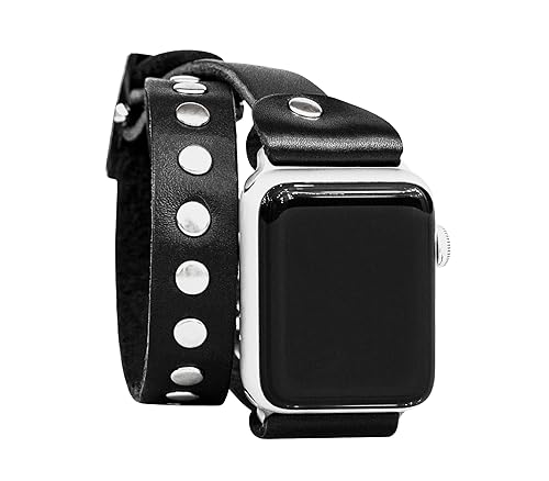stud Leather double wrap band strap compatible with Apple watch 38mm 40mm 41mm 42mm 44mm 45mm 49mm, Handmade UA 1820 (black + steel + 7.3-8.3 in +
