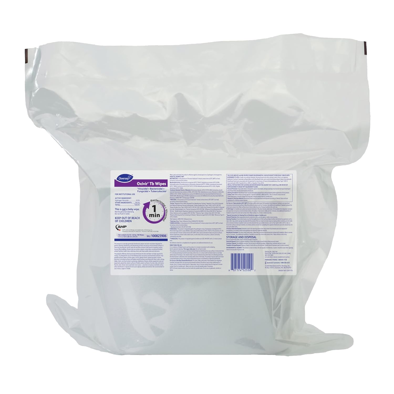 Oxivir Diversey Tb 100823906 Ready-to-Use Disinfectant Cleaning Wipes Refill Pouch, Accelerated Hydrogen Peroxide AHP, 11x12-Inch Extra Large Size Sheets, 160-Wipes, 1-Refill Bag