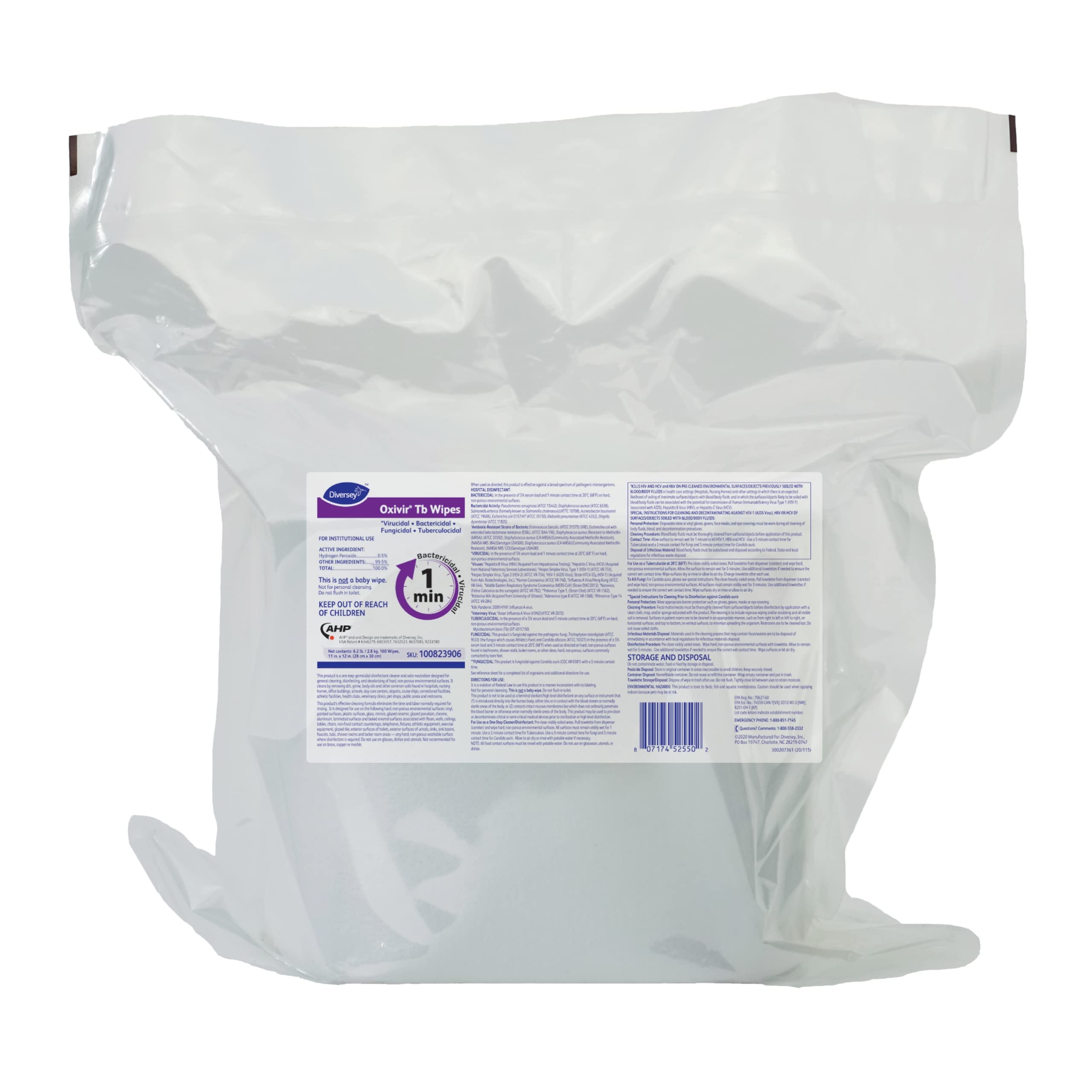 Oxivir Diversey Tb 100823906 Ready-to-Use Disinfectant Cleaning Wipes Refill Pouch, Accelerated Hydrogen Peroxide AHP, 11x12-Inch Extra Large Size
