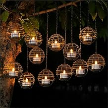 Large Solar Lights Outdoor Hanging Lanterns 12 Pack, Rustic Iron 4.3" Ball Solar Tea Lights with Flickering Flame Candle, Waterproof Hanging Lights for Backyard Patio Garden Fence Tree Pergola Decor