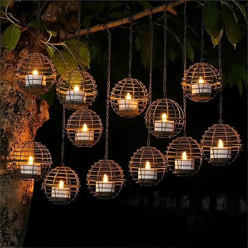 Large Solar Lights Outdoor Hanging Lanterns 12 Pack, Rustic Iron 4.3" Ball Solar Tea Lights with Flickering Flame Candle, Waterproof Hanging Lights for Backyard Patio Garden Fence Tree Pergola Décor