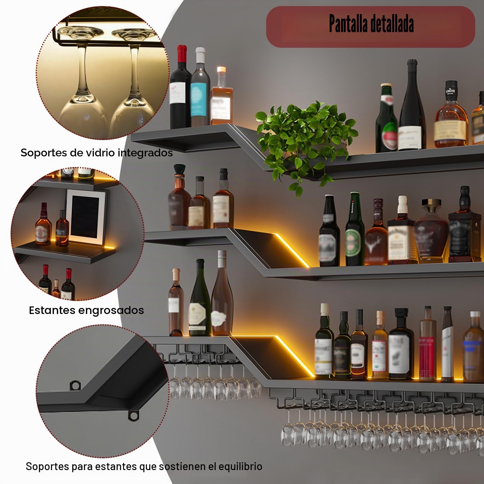 Industrial Metal Vino para con Portavasos, Grande Botellero de Pared de Metal con luz LED, 3 Niveles Flotante para Vino exhibición, de hogar Restaurante Bares (Negro, 200cm)