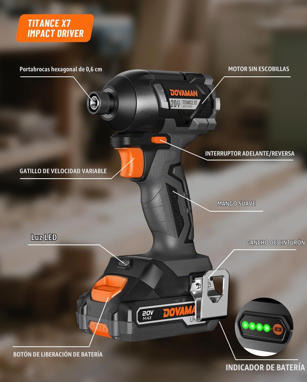 TITANCE X7 Atornillador de Impacto Inalámbrico 20V, Kit Compacto sin Escobillas con Encaje Hexagonal 1/4", 200Nm de Par, Batería y Cargador–para Madera, Metal y Reparaciones de Automóviles