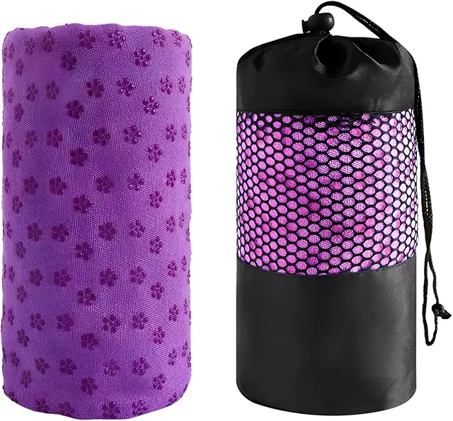 Non-Slip Yoga Towel with PVC Dots - Sweat Absorbent, Foldable for Sports & Pilates (Purple)
