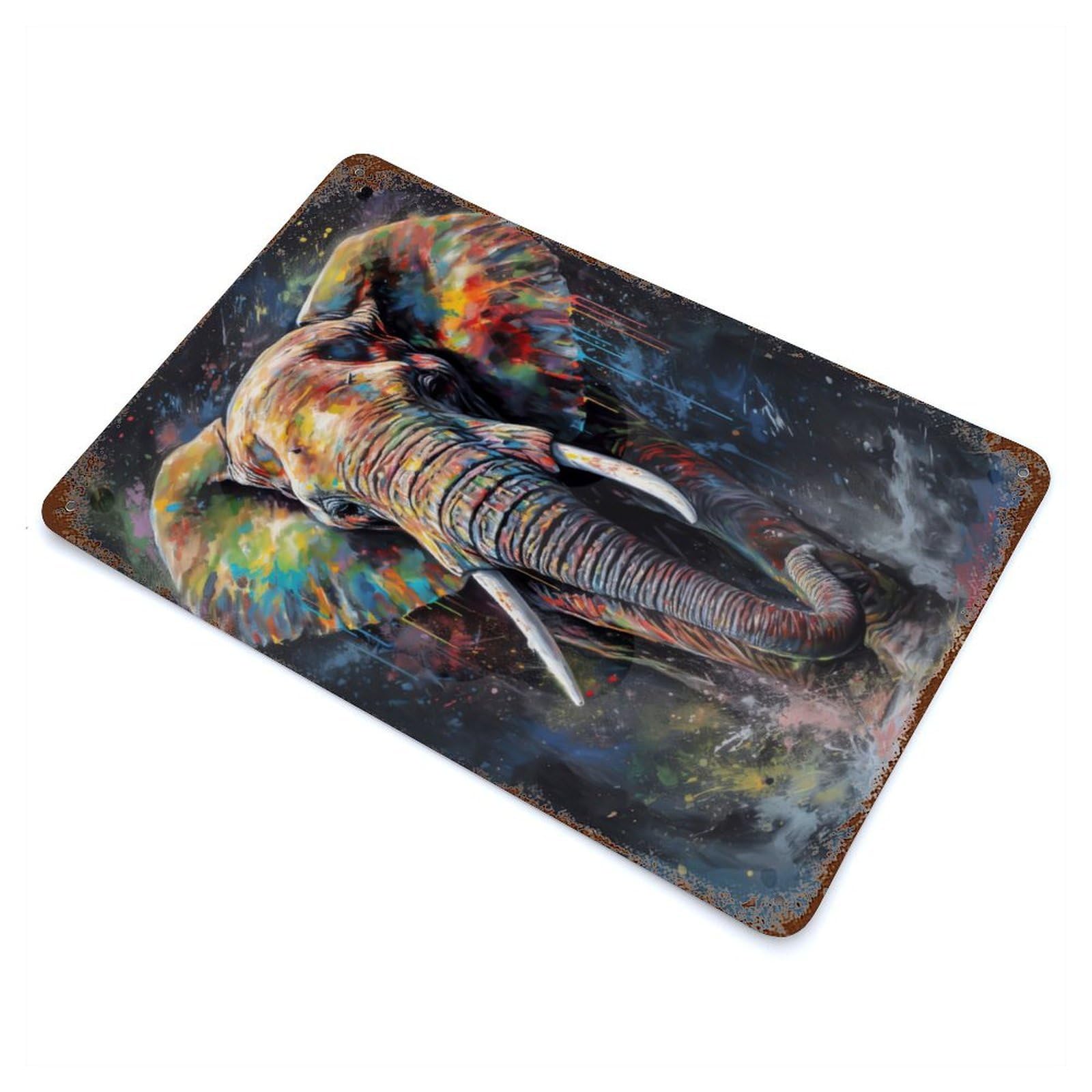 Elephant Painting 11.8"x7.9" Rust Effect Tin Sign, Industrial Home Decor for Living Room, Hallway And Home Decor