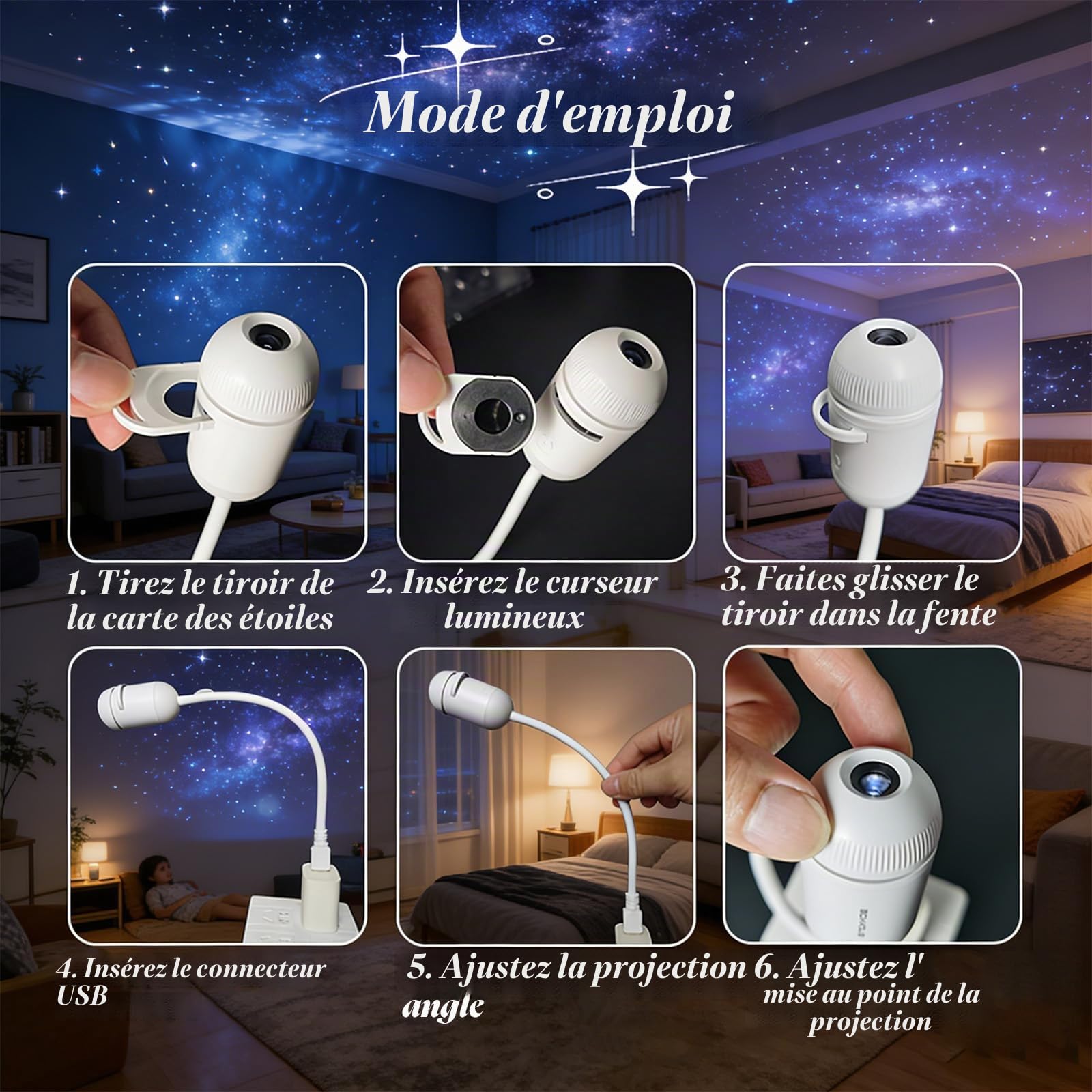Galaxy Projector Plafond Veilleuse, Projecteur USB avec Plusieurs Diapositives de Projection, Mini Veilleuse LED Lampe Murale, Lampe Projecteur LED Portable pour Chambre à Coucher (24 Films)