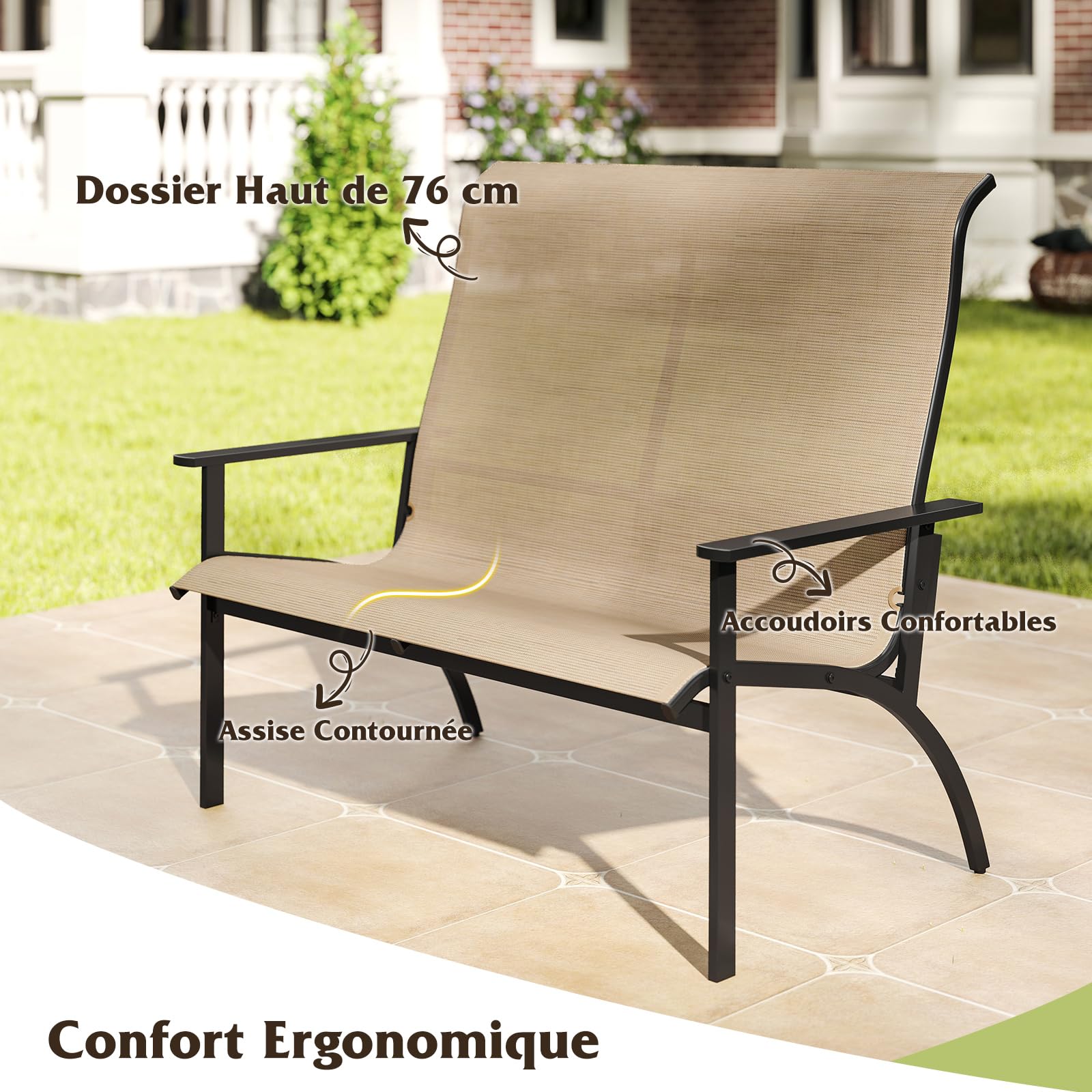 COSTWAY Banc Exterieur Jardin, Banc de Jardin à 2 Personnes, Charge 400 kg, Dossier Haut, Cadre en Métal, Banquette avec Accudoirs pour Terrasse Pelouse Porche, 120 x 81 x 106 cm, Café