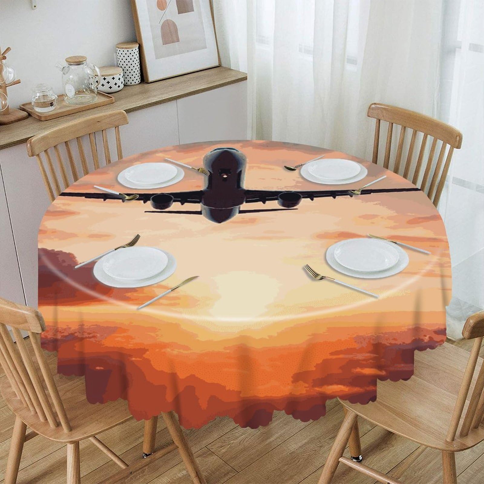 VstaDank Airplane Sunset Sky Round Tablecloth 60 Inch Easy to Clean Circle Table Cover Thick Decorative Round Polyester Table Cloth for Dining Kitchen Party Farmhouse Outdoor