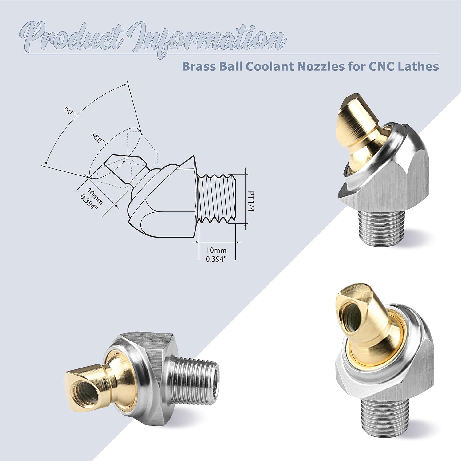3 Pcs 1/4" M6 PT 304 Stainless Steel Brass Coolant Nozzle, Adjustable Oblique Hole High Pressure Cooling Nozzle, for Jewelry Carving Lathe, Milling, CNC Machine Industrial Nozzle