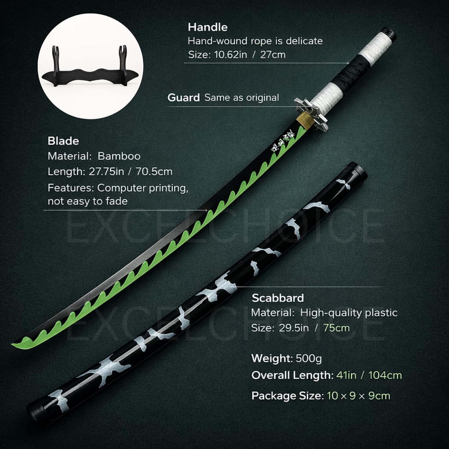 Wooden Sword/Katana Toy Life Size Nichirin 104CM Bamboo Wood Sanemi Katana Toy 3