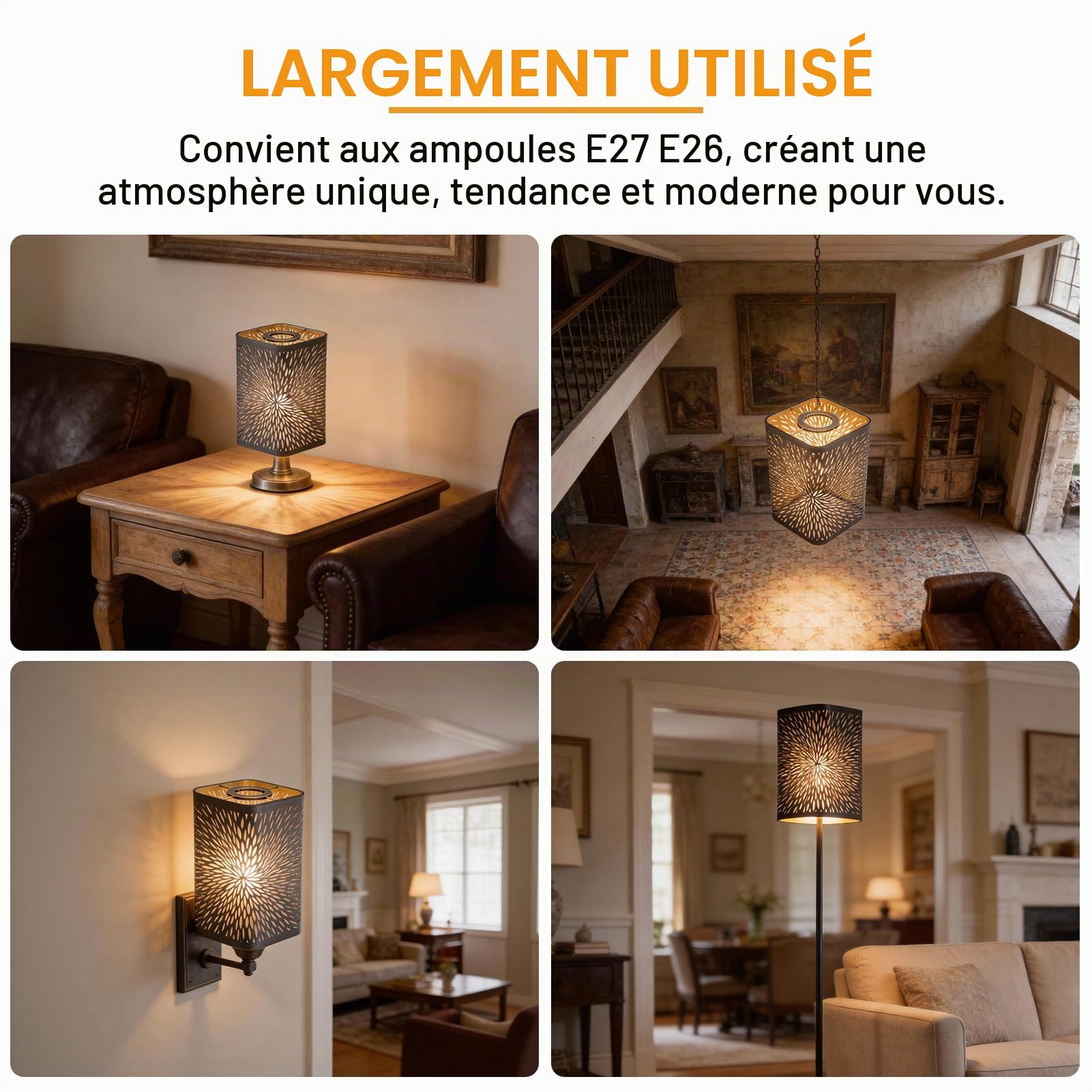 Abat-jour en métal gravé abat-jour avec motif floral pour lampe de table, abat-jour en métal, câble cylindre en fer, pour ampoules E27 E26