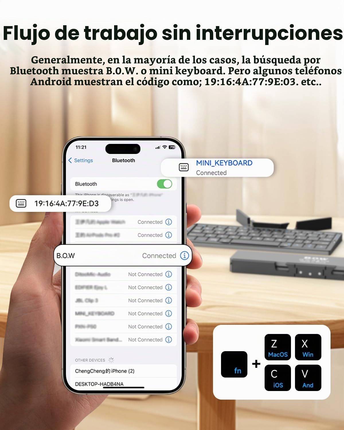 Inalambrico Plegable con Soporte, Teclado Bluetooth QWERTY Portatil para Viajes, Teclado para iPad/Ordenador portátil/Tableta/Smart TV, Compatible con Windows, iOS, Mac OS, Android (Negro)