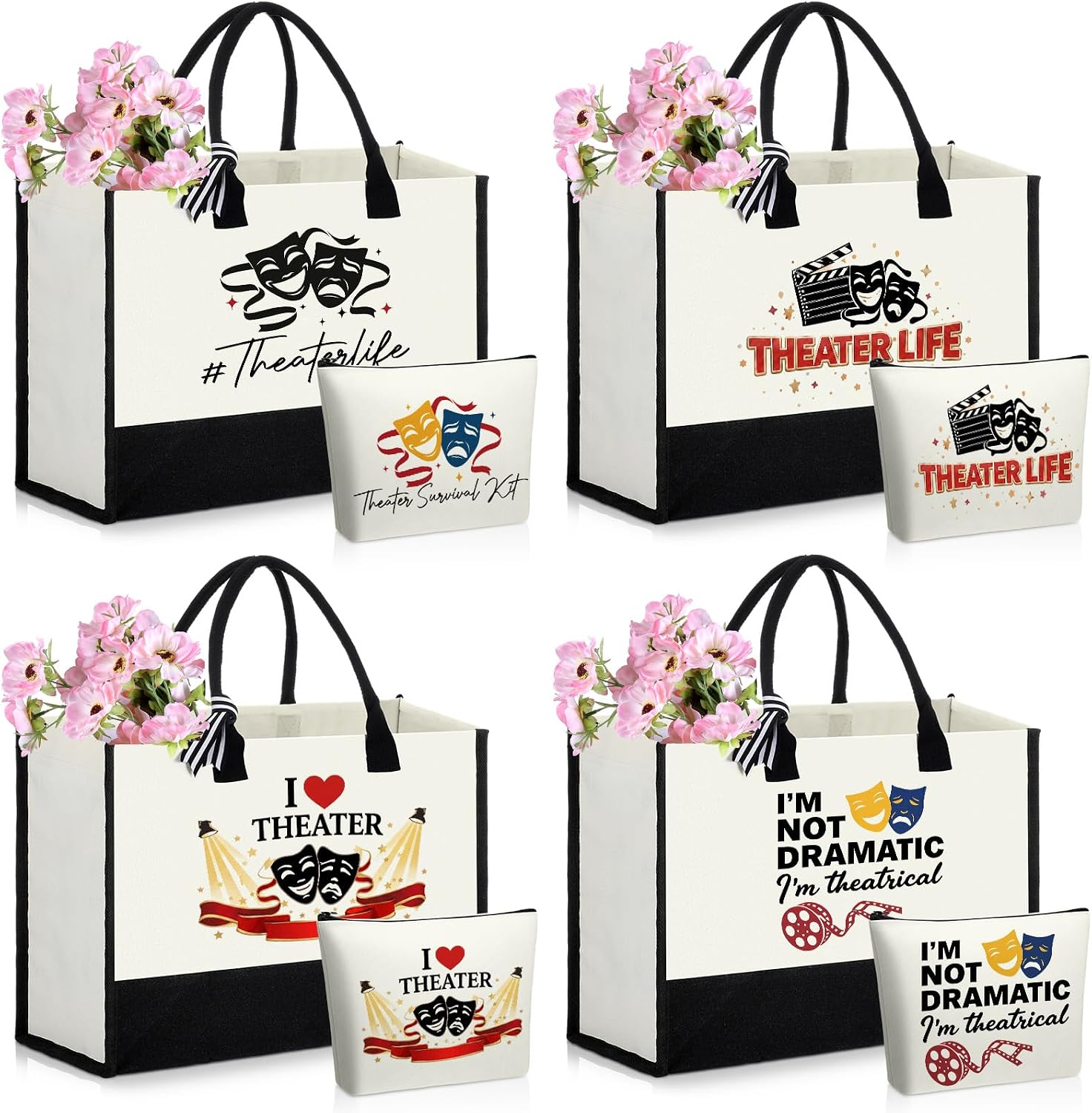 Ceenna 8 Pcs Theater Gift Theatre Lover Canvas Tote Bag and Makeup Bag Set
