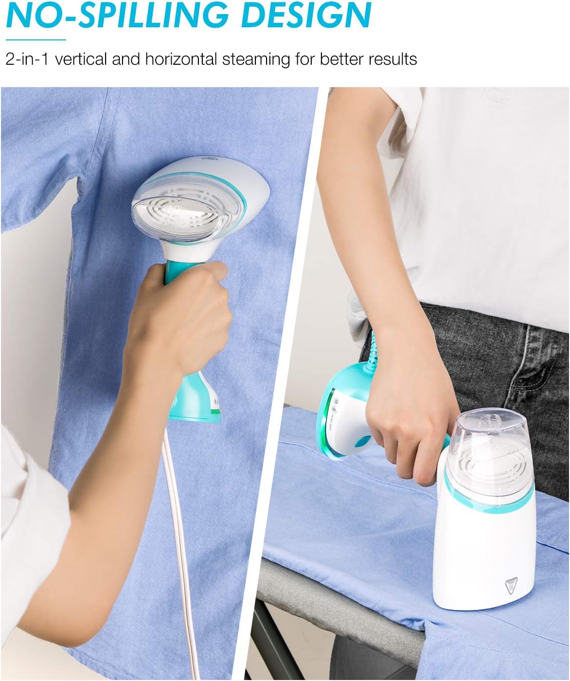 Two images showing the BEAUTURAL Garment Steamer being used both vertically on a hanging shirt and horizontally on a shirt laid flat on an ironing board, demonstrating its no-spilling design.