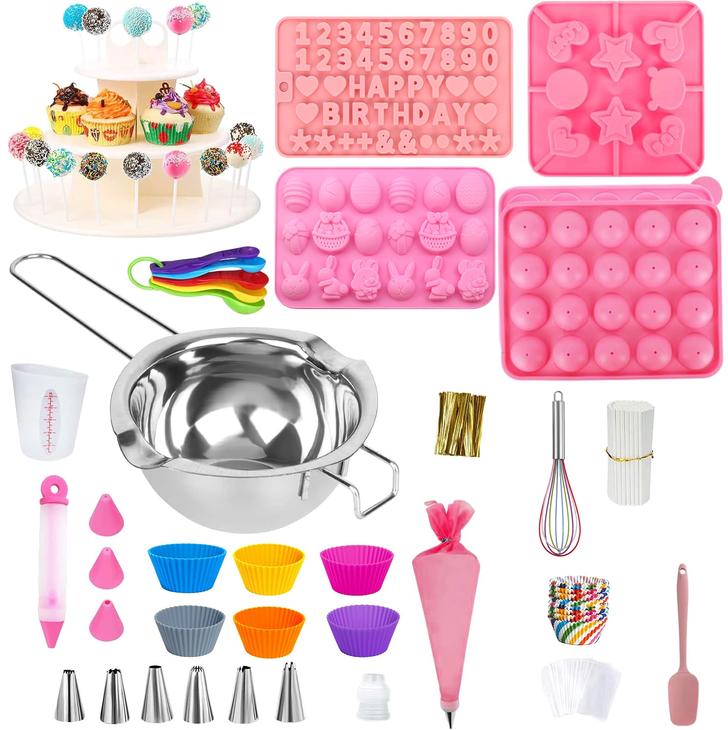 Cake Pop Maker Kit with Easter Cake Pop Mold Cake Pop Stand Chocolate Candy Melting Pot Muffin Cupcakes Lollipop Sticks Piping Bags and Tips Set