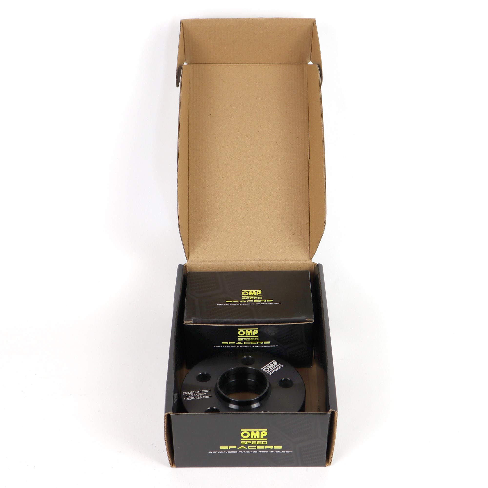 OMP Speed Satz von 2 Spurverbreiterungen Doppelzentriert Stärke: 15mm PCD: 5x98 CB: 58.1 OD: 139 Schrauben x20 M12x1.25 Kegel + 12x1.5 Kegel Schwarz Aluminium - OMPS08911501