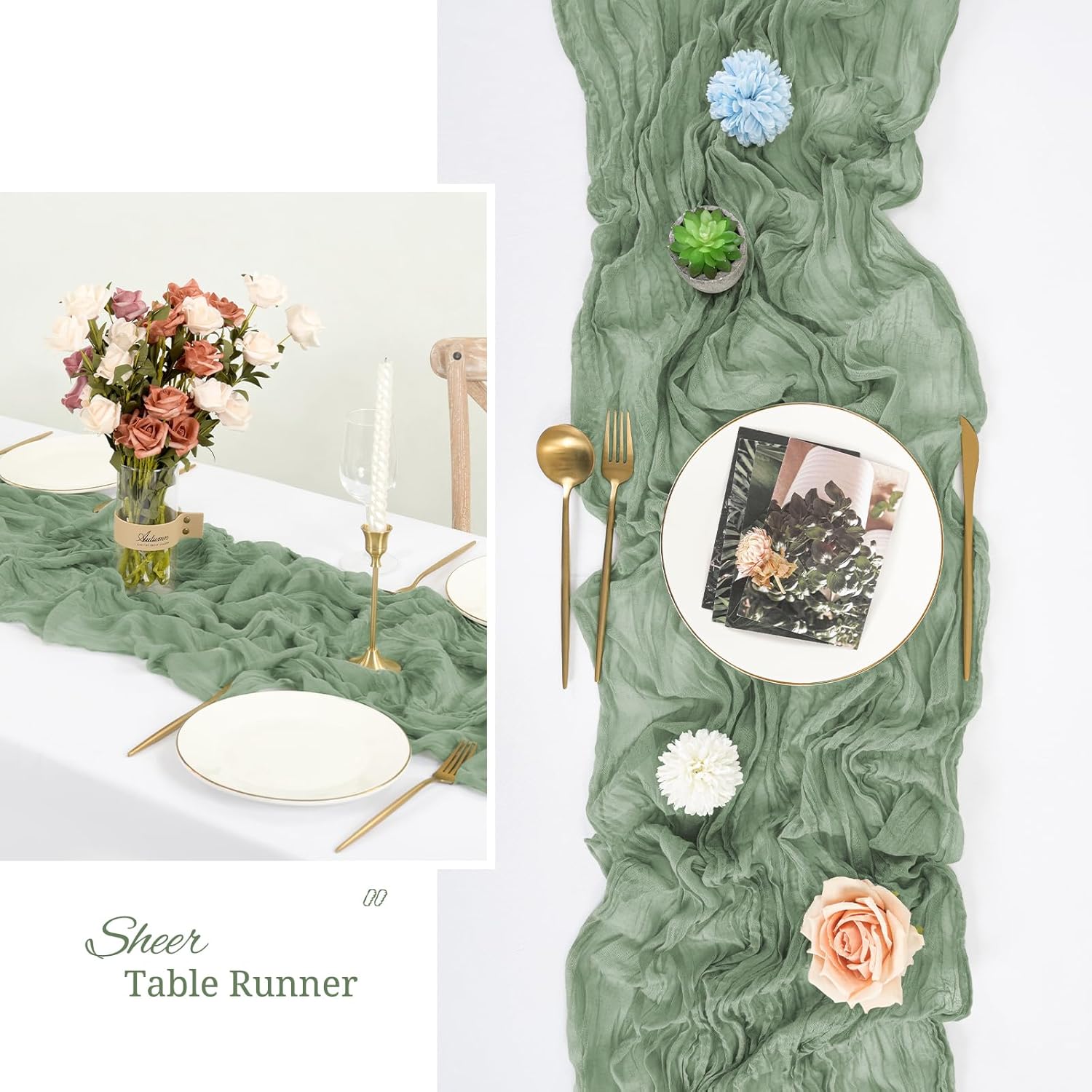 24 Pack Sage Green Cheesecloth Table Runner,Gauze Boho Long Cheese Cloth Table Runner 17x108 inch Rustic Table Runners for Wedding Party Bridal Shower Christmas Banquet Table Decorations