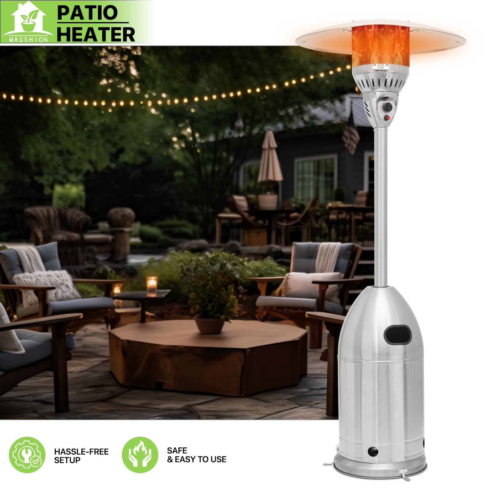 Magshion Propane Patio Heater, 41,000 BTU Outdoor Gas Heater Made in stainless steel with Auto-Off Safety Protection System for Home and Residential (Silver)