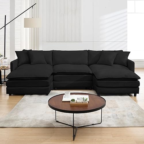 Miniatura 31 de Sofá modular modular de pana de 108.27 pulgadas para sala de estar con 3 asientos, 1 otomana y 3 almohadas, cómodos sofás de nube con otomana móvil,