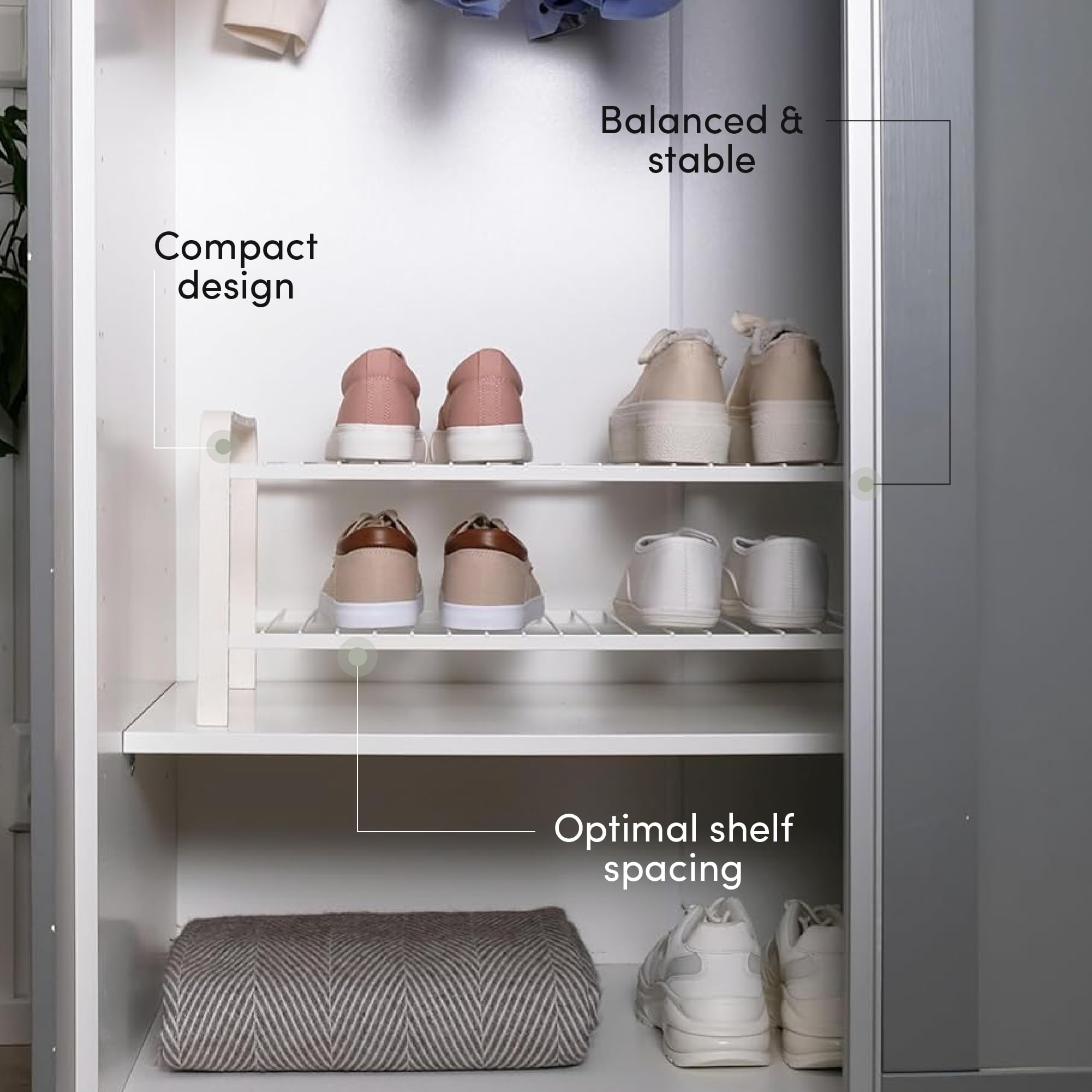 LM 393 Schmales Schuhregal für Eingangsbereich, Flur und Schrank, platzsparende Aufbewahrung und Organisation, 107 cm breit (2 Ebenen, Weiß)
