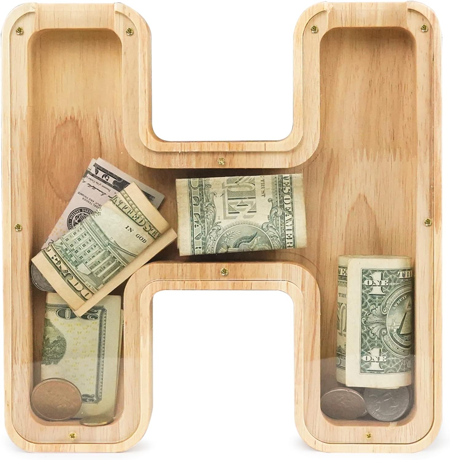 WOOD CITY Letter Piggy Bank for Adults Boys Girls Kids, Wooden 9 inch Large Personalized Bills and Coins Bank Money Box, Customized Name DIY Creative Gift for Real-Money, Alphabet Decorations (H)