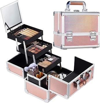 Hapilife Professional Makeup Box, Large Capacity, Cosmetic Storage, Makeup Tools, Cosmetic Box, Mirror Included, Storage Box, Keys Included, Orange