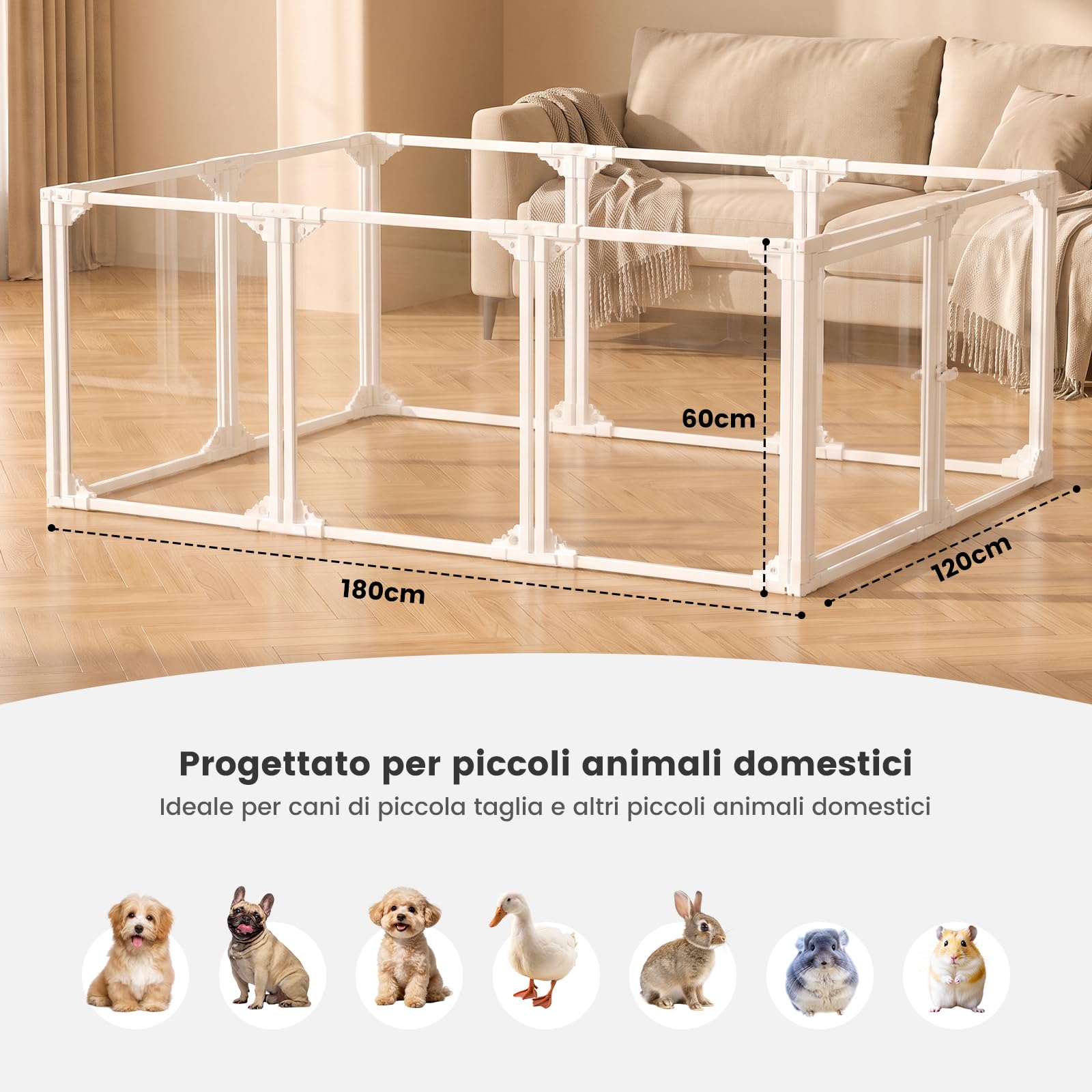 Gardner Pet Recinto per Cani Trasparente, 10 Pannelli, 60 cm, Bianco | Recinto da interno in metallo con pannelli PET, chiusura a scatto e ventose, 9 pannelli + 1 porta, per piccoli animali