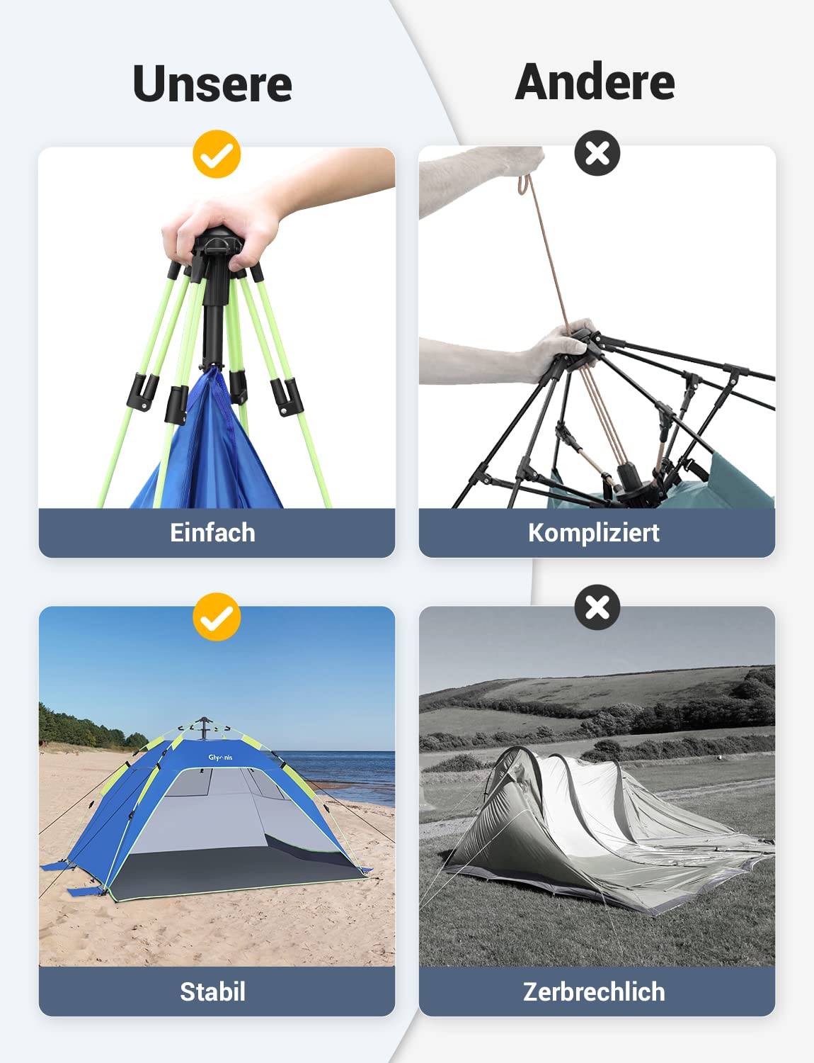 Glymnis Strandmuschel Quick Up Strandzelt Automatisches Strand Zelt mit Reißverschlusstür UV-Schutz 50+ Windschutz kleines Packmaß Strandzelt für 3 bis 4 Personen