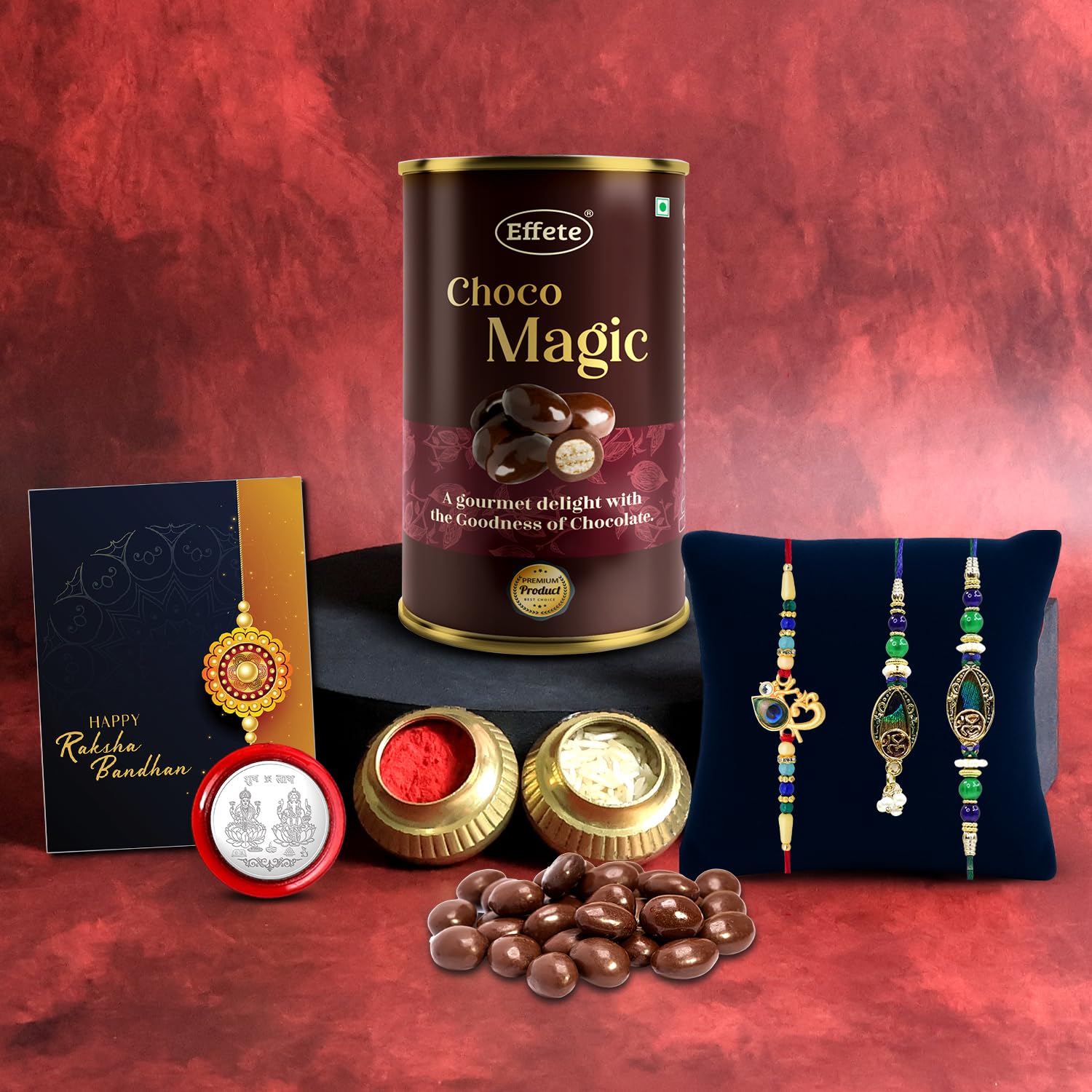 DeoDap Chocolate with Rakhi Set for Brother – Om with Peacock Feather Rakhi for Bhai 2 Pc & Lumba for Bhabhi 1 Pc with Choco Magic (96 GM) – Silver Color Coin & Greeting Card, Raksha Bandhan Combo-image-17