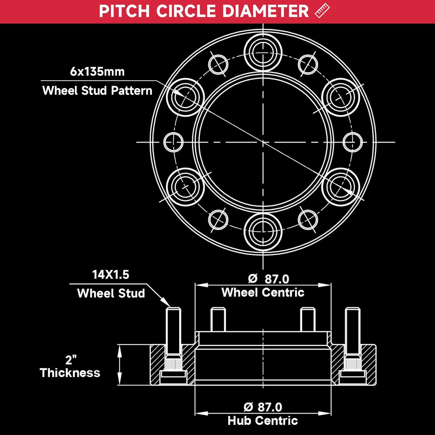 UIU 2 Inch 2pcs 6x5.3 Wheel Spacers, Forged 2.0" (51mm) 6x135mm to 6x135mm Thread Pitch 14X1.5 Hub Bore 87mm Adapters for 2022-2024 Bronco F-150 Lightning, Black