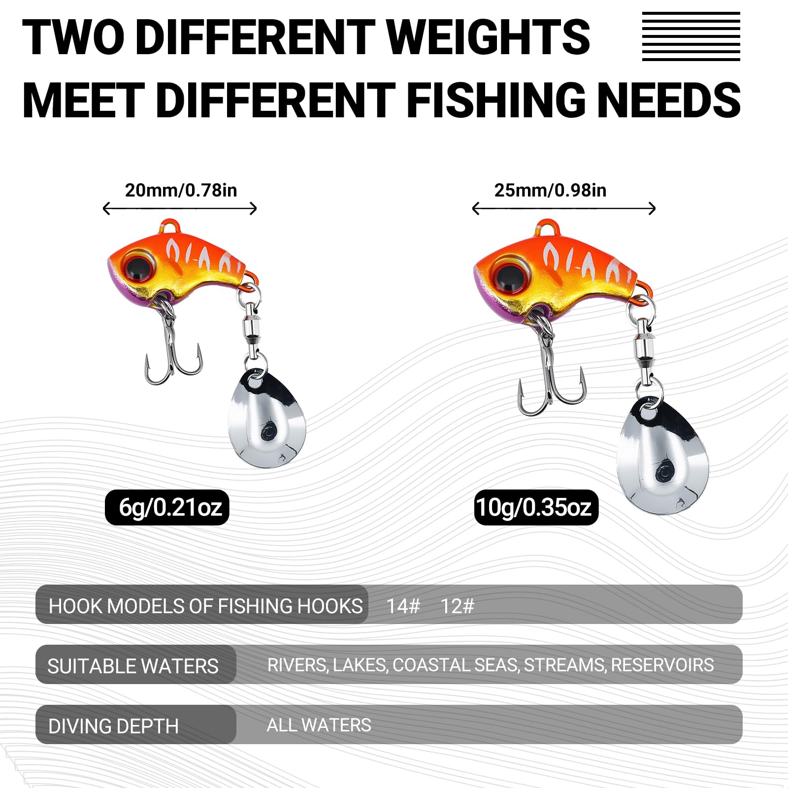 10pcs Vib Metal Fishing Spoons Kit, Spinner Baits for Bass Fishing, Trout Lures, Ice Fishing Jig, Rooster Tail Lures, Salmon, Two-Way Blade, Anti-Tangle