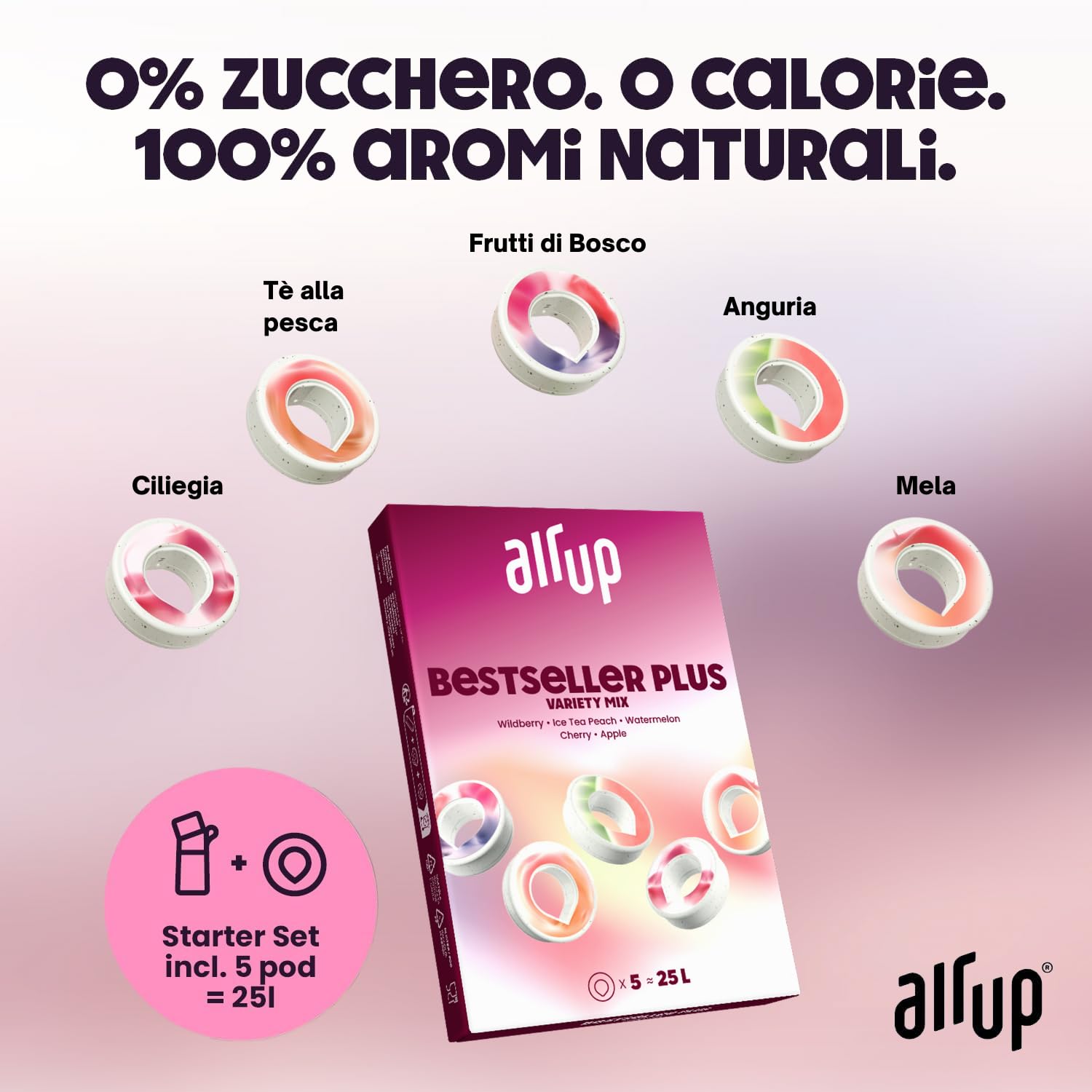 AIR UP Borraccia Twist Pro originale starter pack con cialde 5 gusti I Borraccia da 600ml con aromi senza zucchero I lavabile in lavastoviglie, senza BPA I in Lavender