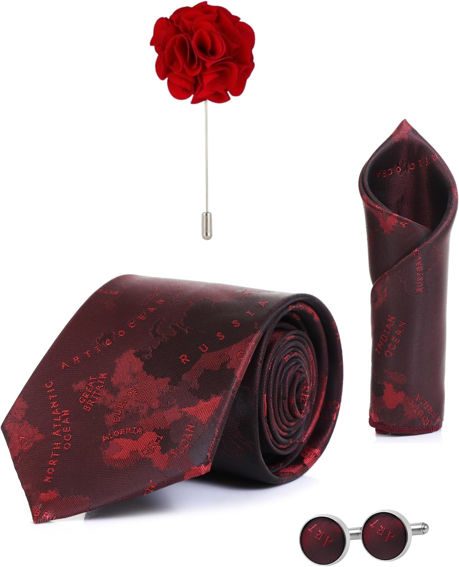 Random Stripe Necktie Set For Men With Pocket Square Lapel Pin Flowar & Cufflink Pair With Gifted Box (4 items in Box)