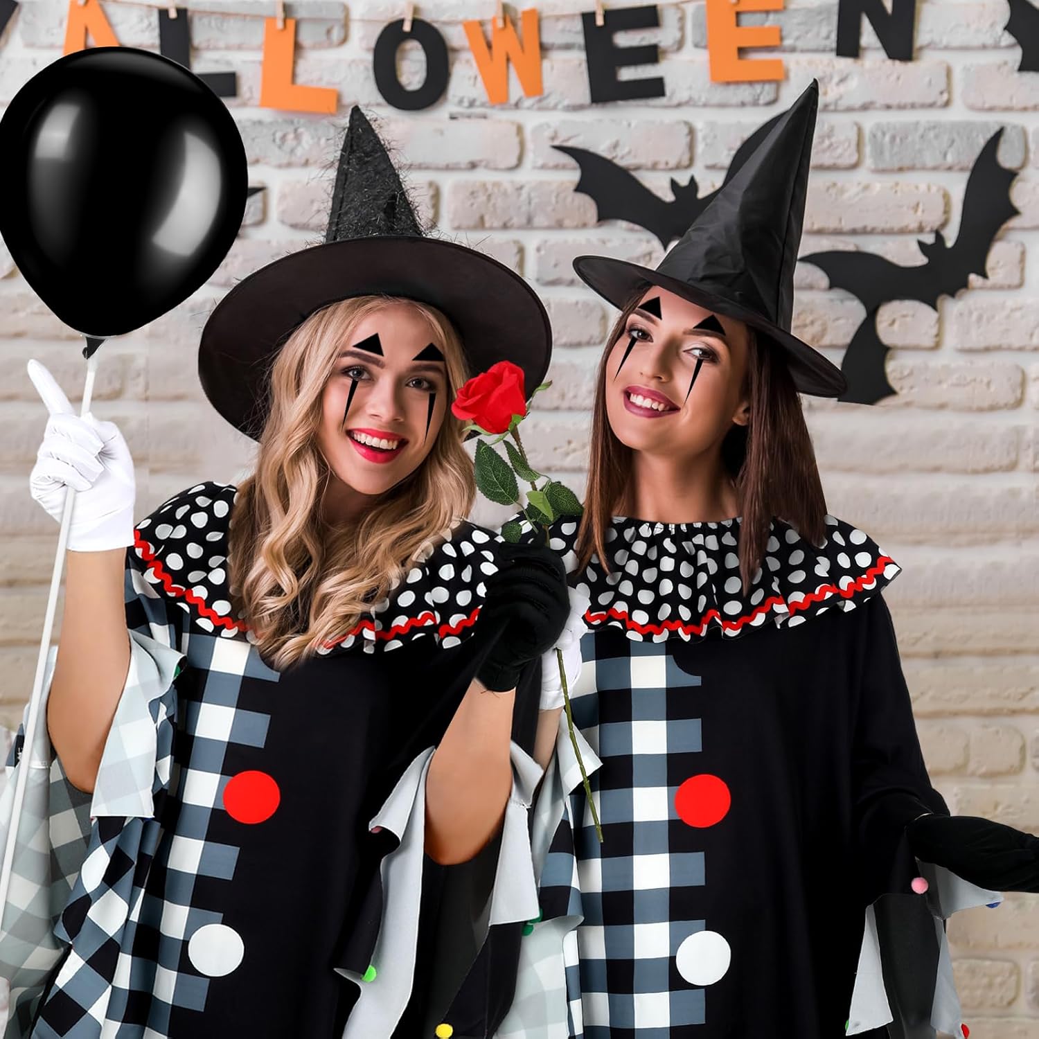 Haull 11 Pcs Jester Killer Clown Costume for Women Halloween Scary Clown Poncho Red Rose Balloon Wig Gloves Leggings Creepy Costume for Women Halloween Cosplay Accessories - Image 4