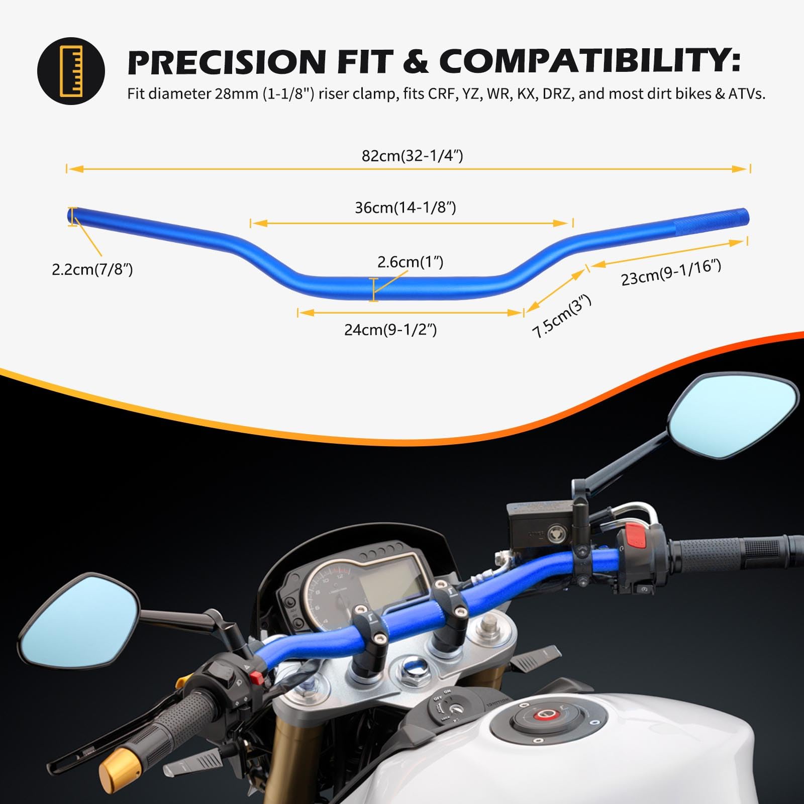 DREAMIZER Manubrio Moto Racing 1-1/8" per Dirt Pit Bike, Design a Sezione Variabile con Terminali 22mm, Universale Compatibile con Honda Yamaha Suzuki per Motocross Cafe Racer e Custom