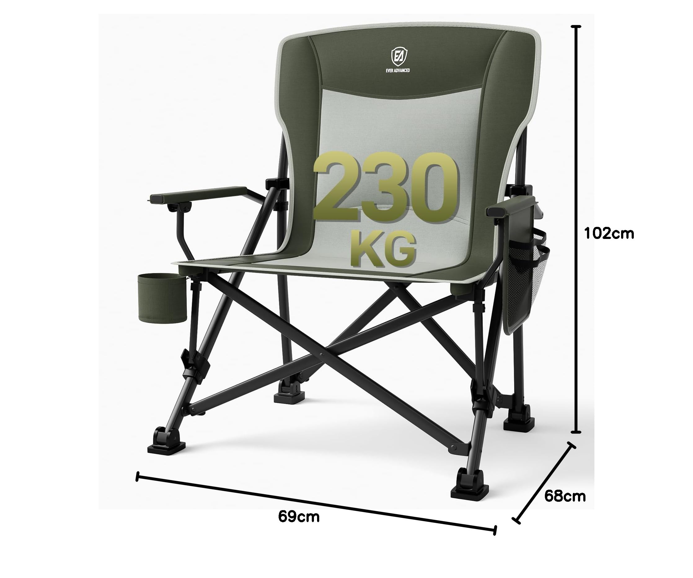 EVER ADVANCED Sedia da campeggio pieghevole, 230 kg, portata XL, 62 cm, larghezza della seduta con tasca laterale, supporto per bevande, sedia pieghevole per campeggio, esterni, balcone, giardino