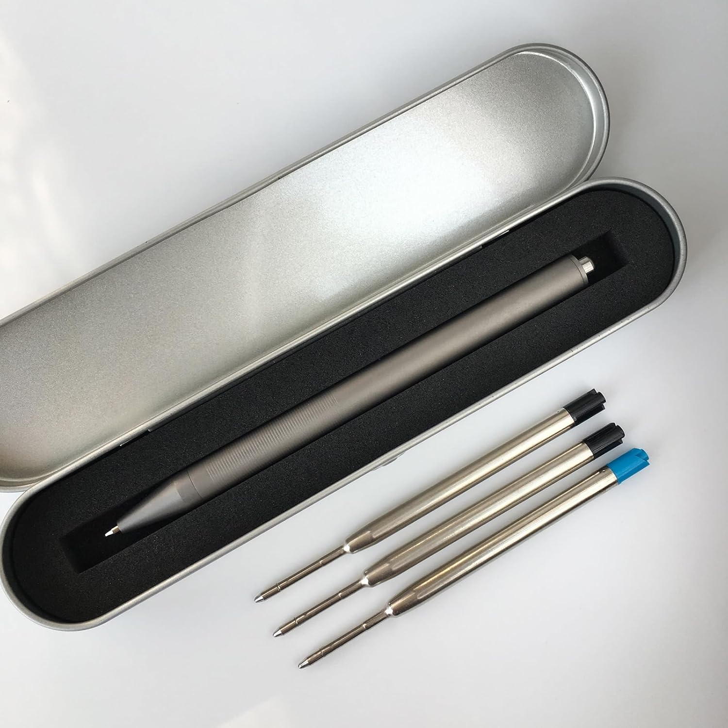 Grey Titanium Alloy Ballpoint Pen Retractable Lightweight EDC Pen No Pocket Clip Compatible with Parker Style Refill with 3 Extra Refills in Gift Box (LA036)