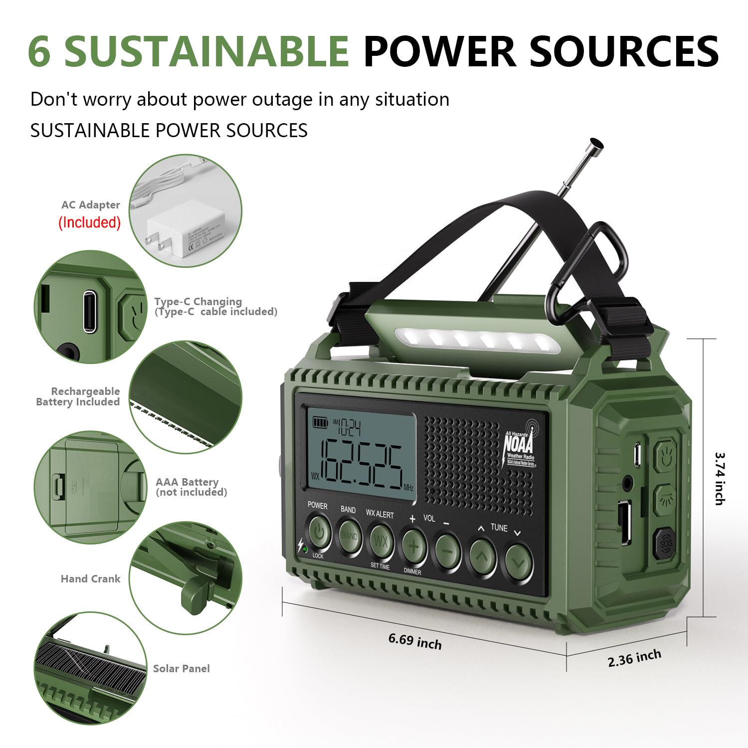 Radio di emergenza meteo 12.000 mAh, radio meteo di emergenza AUTO NOAA, radio solare a manovella, AM/FM/SW/NOAA, radio portatile allarme meteo, caricabatterie
