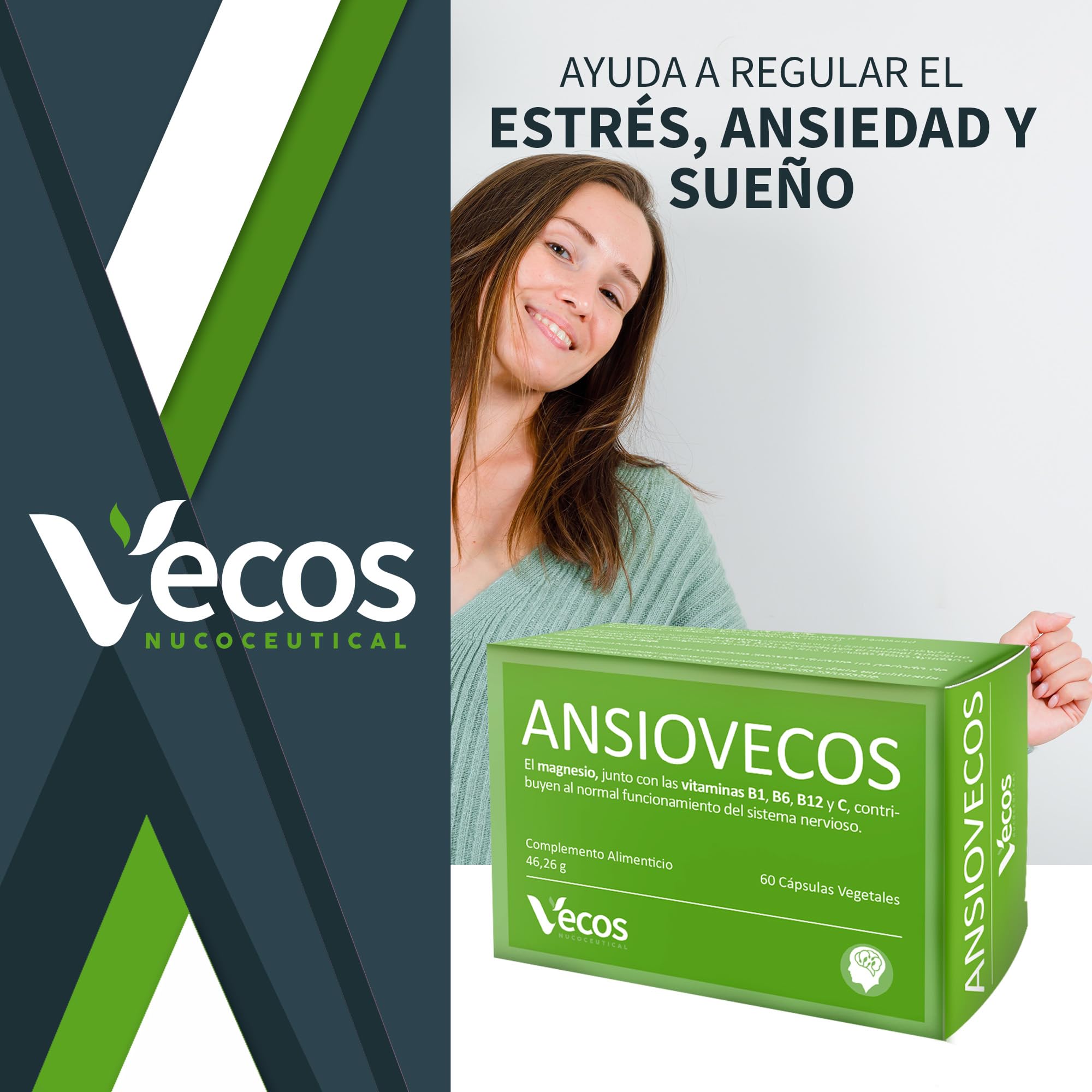 Ansiovecos con L-Triptofano | Contribuye a Regular Estrés, Ansiedad y Sueño | Contiene vitaminas B1, B6 y C, Ácido Fólico, Magnesio y Extractos de Grifonia y Rodiola | Suplemento Alimenticio