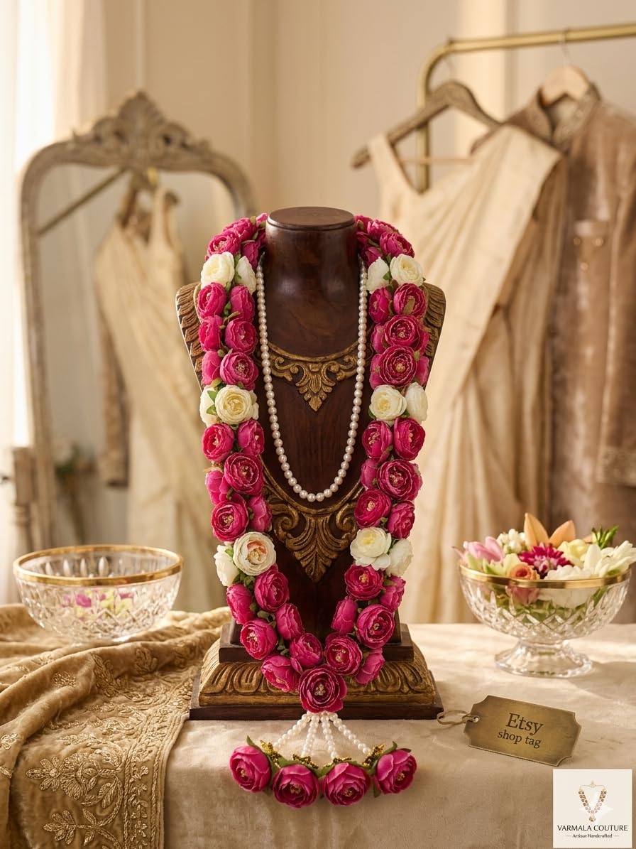 Elegant Handmade Indian Wedding Varmala for Bride & Groom (65 cm) | Pink & Ivory Rose Artificial Floral Jaimala Garland | Traditional Hindu Wedding Mala | Engagement & Reception Ceremony Garland (2)-image-11