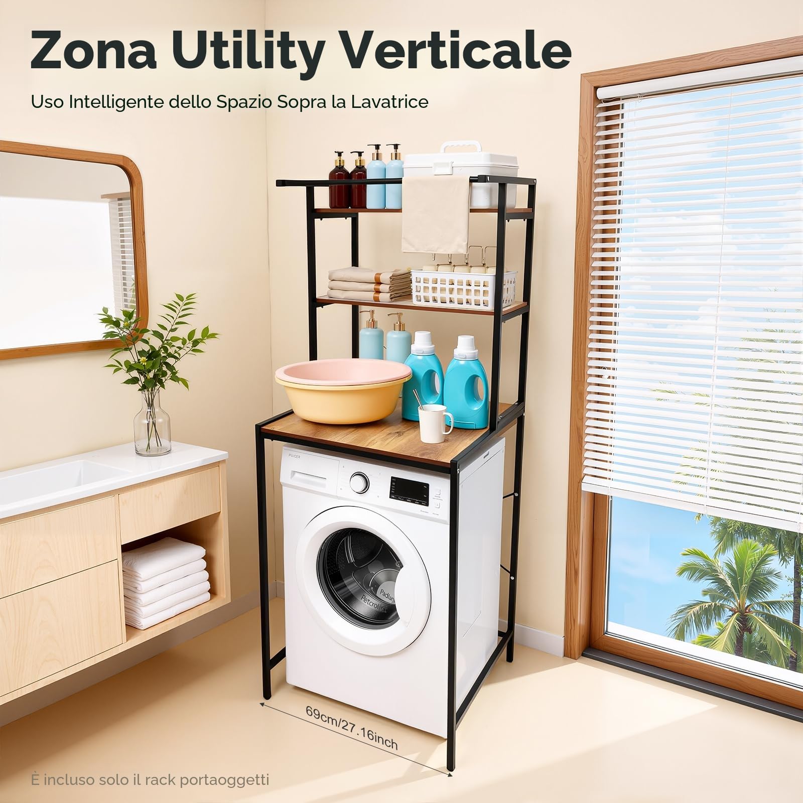 Scaffale per lavatrice, in metallo, per bagno, per lavatrice, con 3 ripiani, 69 x 60 x 176 cm, colore: nero