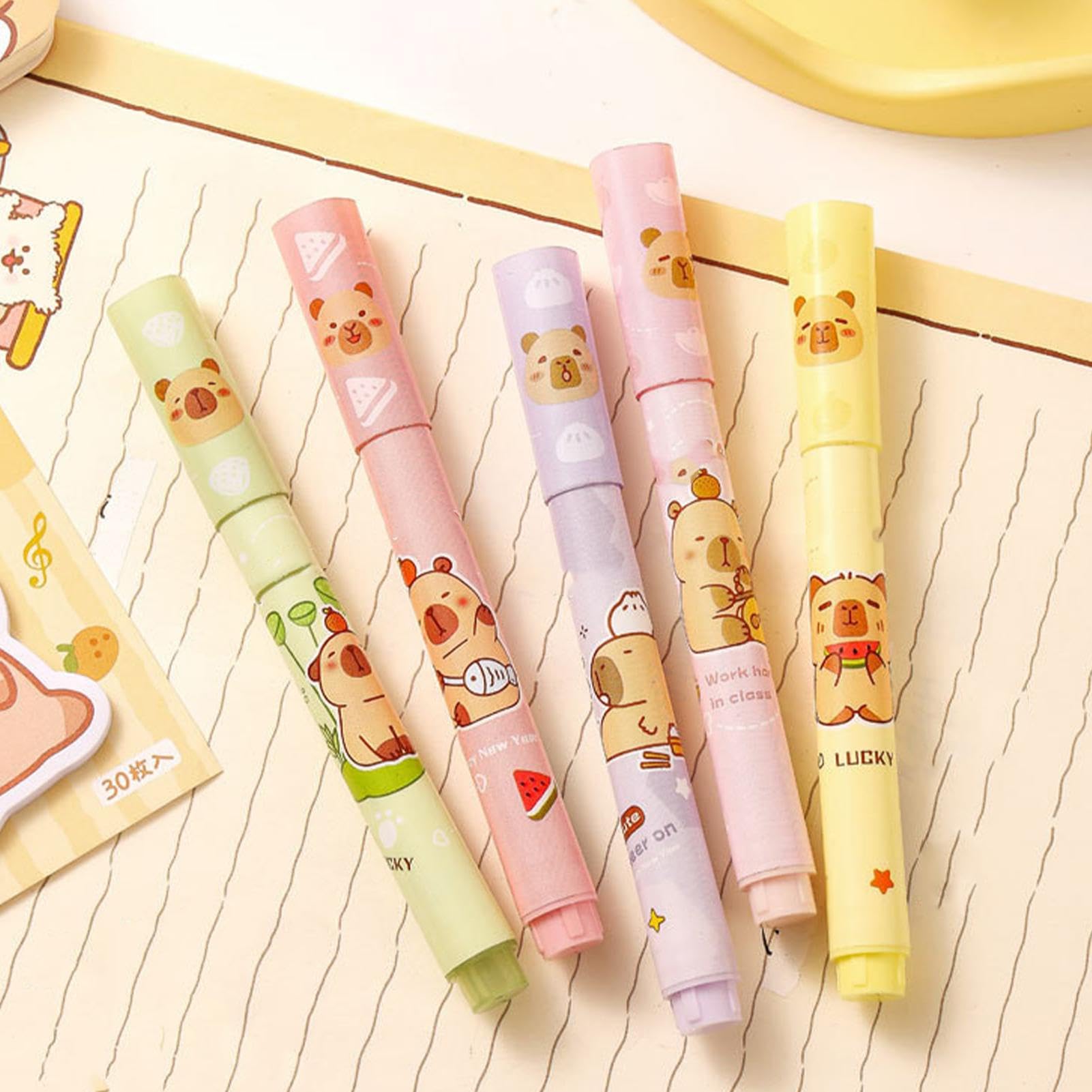 Miaoyak 6Pcs Leuke Cartoon Capybara Markeerstift Pen Schrijven Gladde Sneldrogende Pennen School Kantoorbenodigdheden Studenten Briefpapier Geschenken