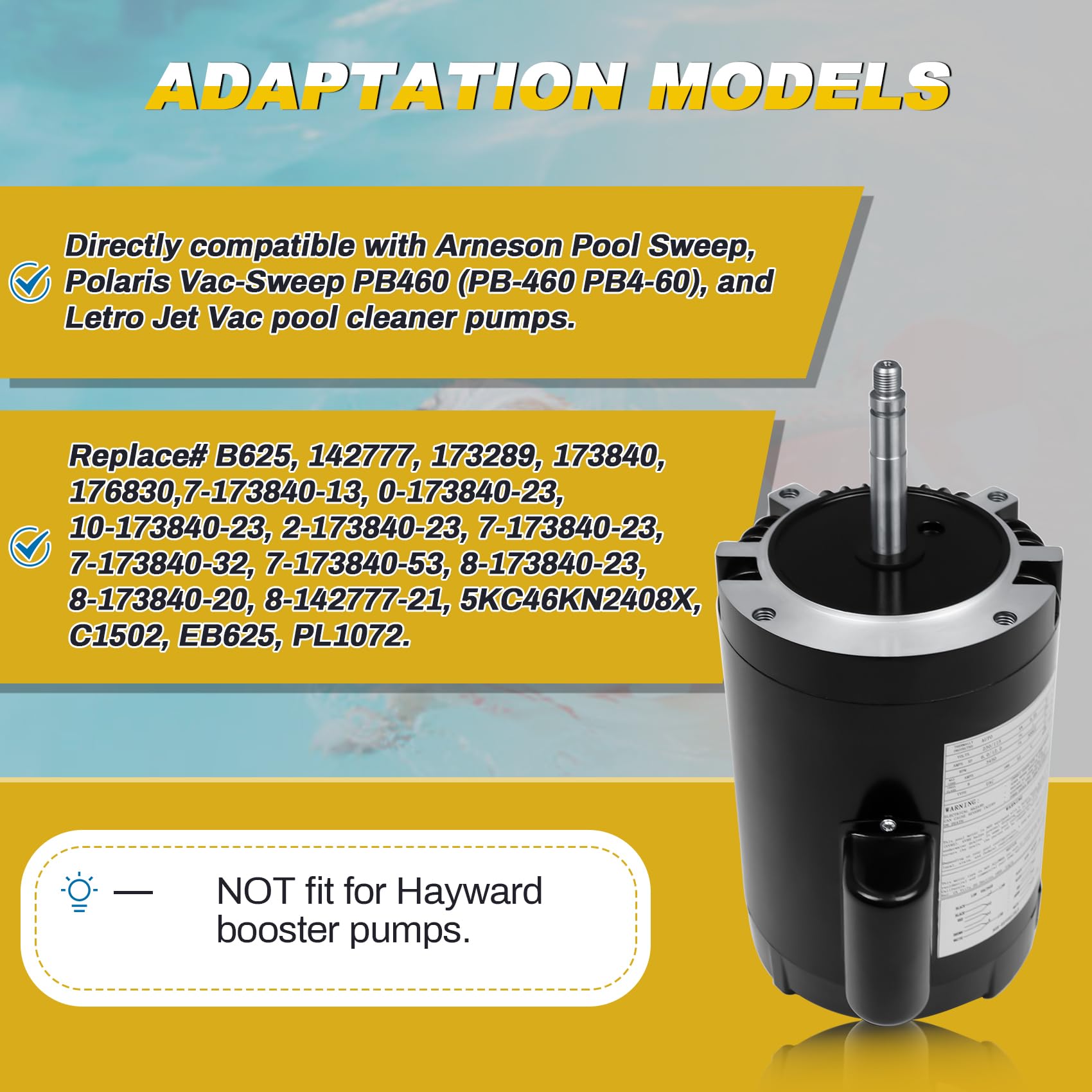 Swimming Pool Cleaner Booster Pump Motor Compatible with A.O. Smith Century B625, for Polaris Vac-Sweep PB4-60, Arneson Pool Sweep and Letro Jet Vac Cleaners, 3/4 HP Single Speed Round Flange Motor
