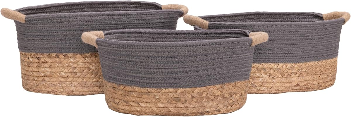 Cesta de lavandería portátil tejida a mano natural de primera calidad con asas de transporte, almacenamiento doméstico para ropa, ropa de cama, sábanas, jacinto de agua natural y cuerda gris, juego de 3 piezas