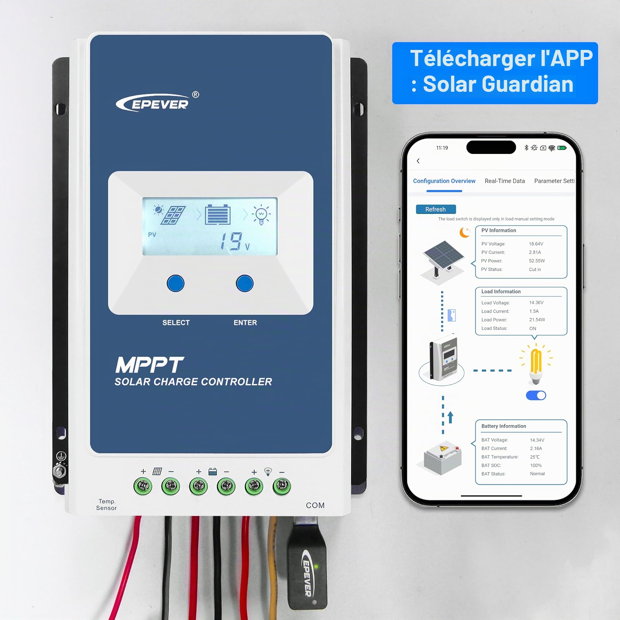 EPEVER Module WiFi 2,4 G RJ45 D pour contrôleur de charge solaire MPPT pour surveiller et modifier les paramètres par application mobile (EPEVER-WiFi-2.4G-RJ45-D)