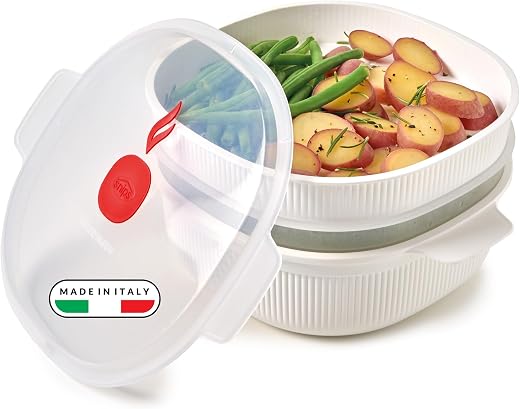 Snips Bianco Vaporiera per Microonde con 2 Vassoi | 4 LT | Colore Linea Tempozero |BPA Free| Made in Italy, Plastica